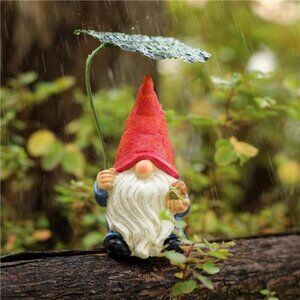 Garden Gnome Statue Decoration with Leaf Umbrella 6.5” Figurine Ornament Outdoor